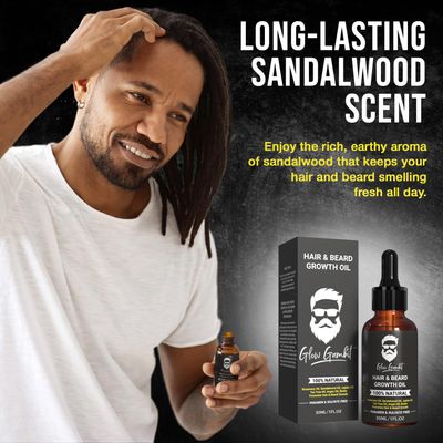 Glow Gambit Sandalwood Beard Oil for Men, 2-In-1 Beard Softener, Rosemary Hair Oil with Biotin, Jojoba Oil, Almond Oil Castor Oil With 11 Natural Oils, for Scalp Hair Beard -1oz.