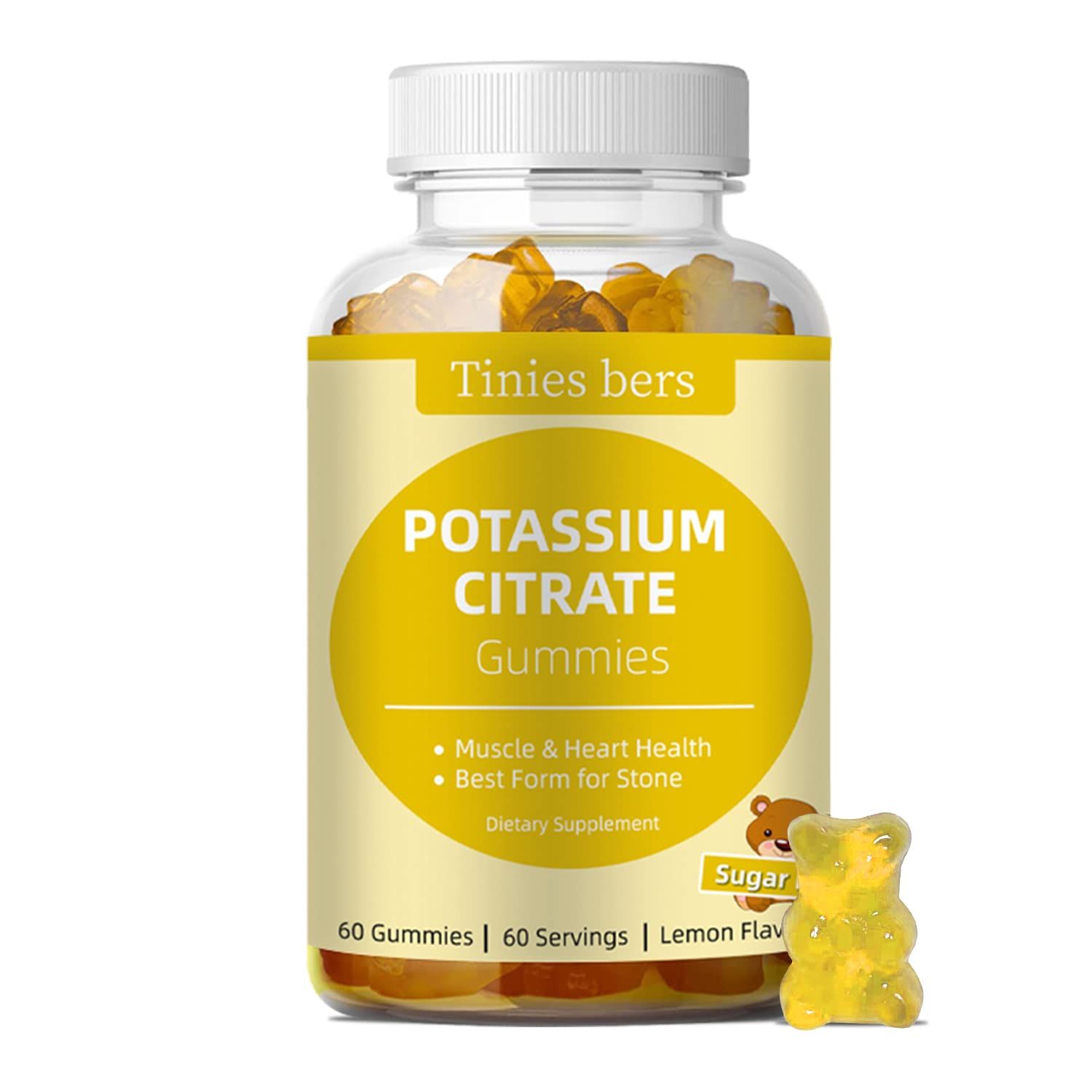 Potassium Gummies for Adults Kids, Sugar Free, Support Leg Cramps Muscle Heart Health, Vital Electrolyte, as Potassium Citrate, Best Potassium Gummies for Stones, Vegan, Non-GMO, Lemon Flavor, 60