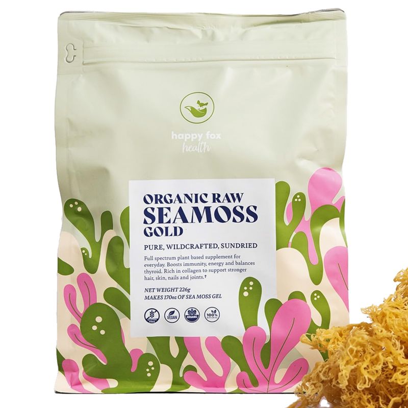 HAPPY FOX Organic Sea Moss Raw Gold Makes 170oz of Seamoss Gel Rich in Vitamins Minerals, Certified Non-GMO, Wildcrafted, Sundried Superfood - 226 gram Bag