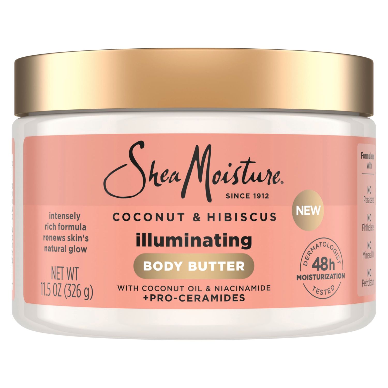 SheaMoisture Illuminating Body Butter with Coconut Hibiscus, Niacinamide and Pro-Ceramides, Renewing Skins Natural Glow, 48H Moisturizing 11.5 oz