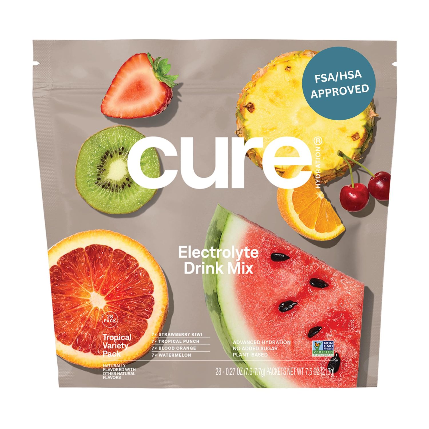 Cure Hydration Plant-Based Electrolyte Drink Mix No Added Sugar FSA HSA Dehydration Relief Powder Made with Coconut Water Non-GMO Vegan 28 Packets - Tropical Variety Pack
