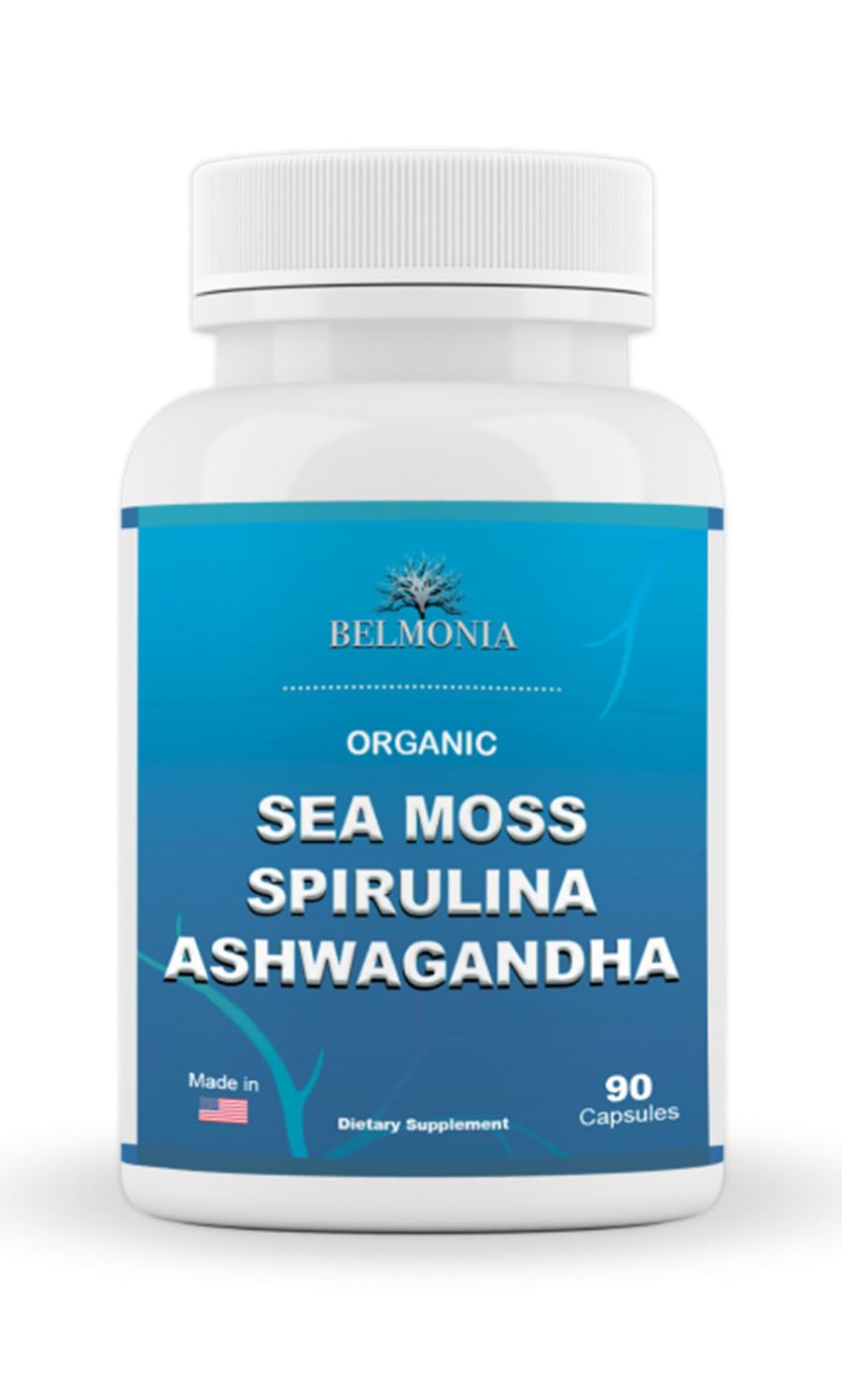 Belmonia Sea Moss Capsules with Spirulina and Ashwagandha Capsules, 100 Organic Irish Moss, Strength Endurance- High Potency Sea Moss Supplement, 90 Count Made in USA, Superfood Supplements
