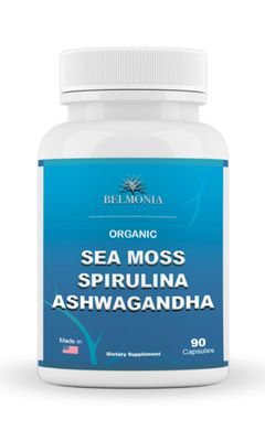 Belmonia Sea Moss Capsules with Spirulina and Ashwagandha Capsules, 100 Organic Irish Moss, Strength Endurance- High Potency Sea Moss Supplement, 90 Count Made in USA, Superfood Supplements