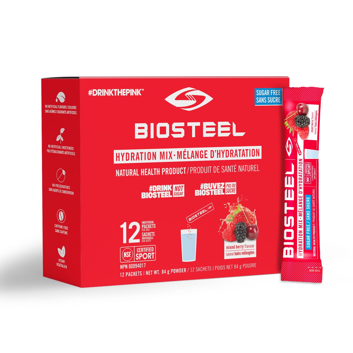 BioSteel Hydration Mix, Sugar-Free with Essential Electrolytes, Mixed Berry, 12 Single Serving Packets