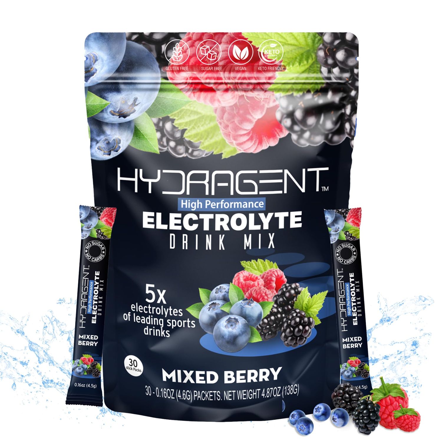 HYDRAGENT Zero Sugar Electrolyte Stick Packs 1200mg Core Electrolytes Magnesium Potassium for Hydration Recovery
