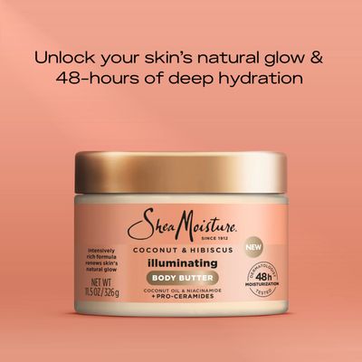 SheaMoisture Illuminating Body Butter with Coconut Hibiscus, Niacinamide and Pro-Ceramides, Renewing Skins Natural Glow, 48H Moisturizing 11.5 oz