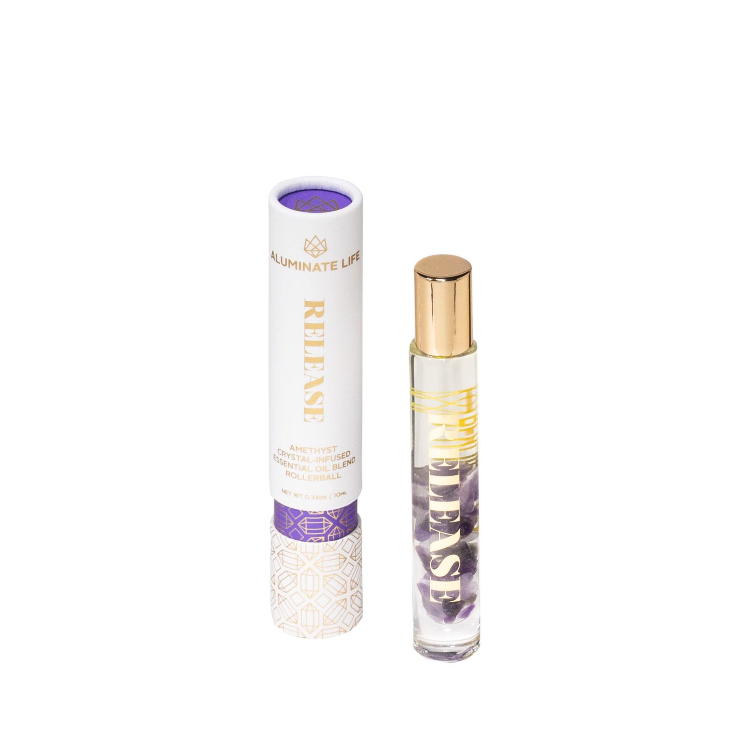 Aluminate Life Essential Oil Rollerballs, .34 OZ, Release - Amethyst Crystal Infused - Scent of Lavender, Bergamot, Frankincense - Aromatherapy Roll On Oils, Skin Care, Massage
