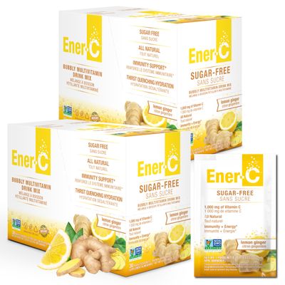 Ener-C Sugar Free Energy Lemon Ginger Multivitamin Drink Mix Vitamin C 1000mg Electrolytes - Natural Immunity Support with Real Fruit Juice Powders - Non-GMO Vegan Gluten Free - 60 Count
