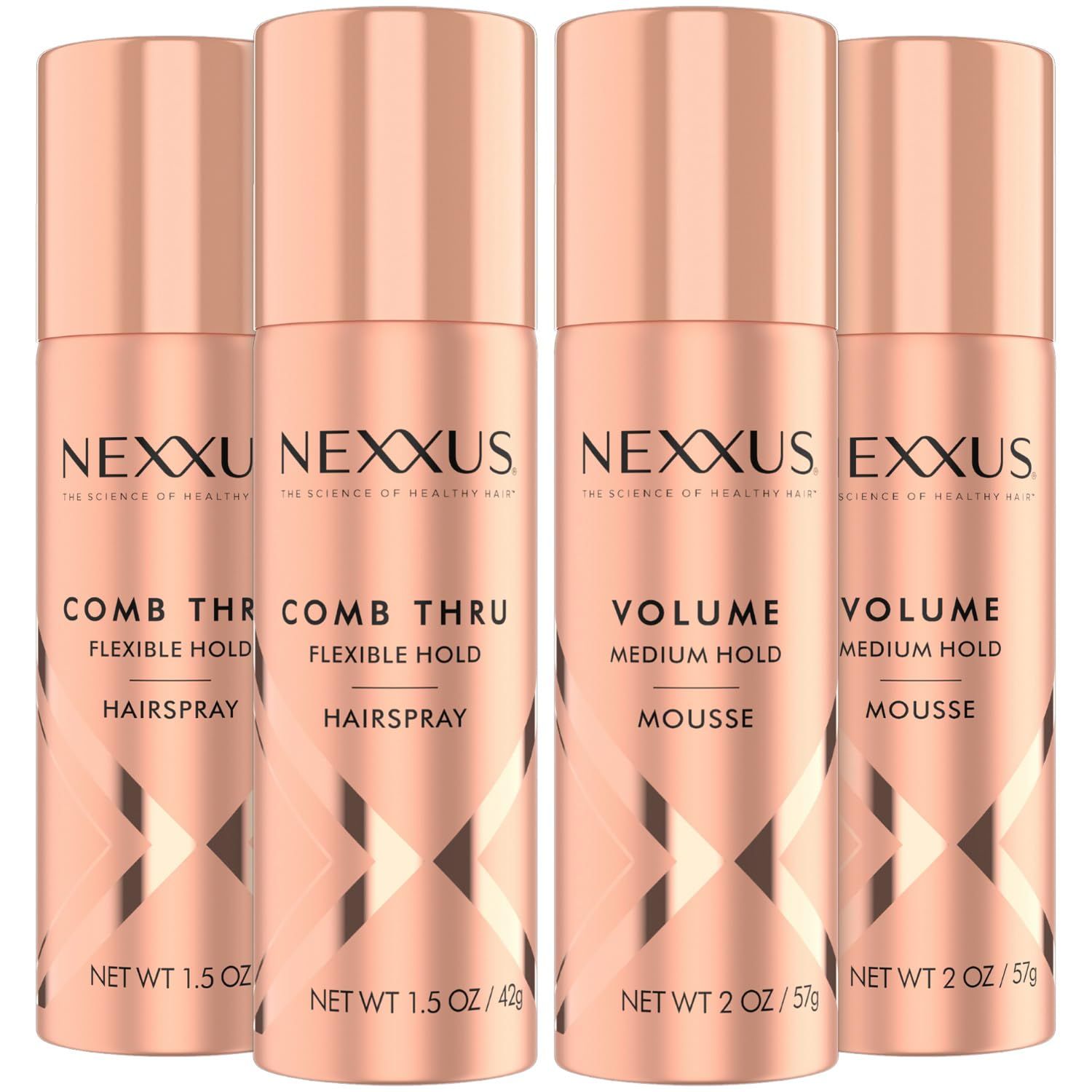 Nexxus Travel Hairspray and Mousse Bundle - Comb Thru Flexible Hold Hairspray (1.5 Oz) 2-Pack Volume Medium Hold Mousse (2 Oz) 2-Pack, Anti-Humidity, Frizz Control, Rose Fragrance