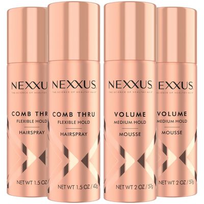 Nexxus Travel Hairspray and Mousse Bundle - Comb Thru Flexible Hold Hairspray (1.5 Oz) 2-Pack Volume Medium Hold Mousse (2 Oz) 2-Pack, Anti-Humidity, Frizz Control, Rose Fragrance