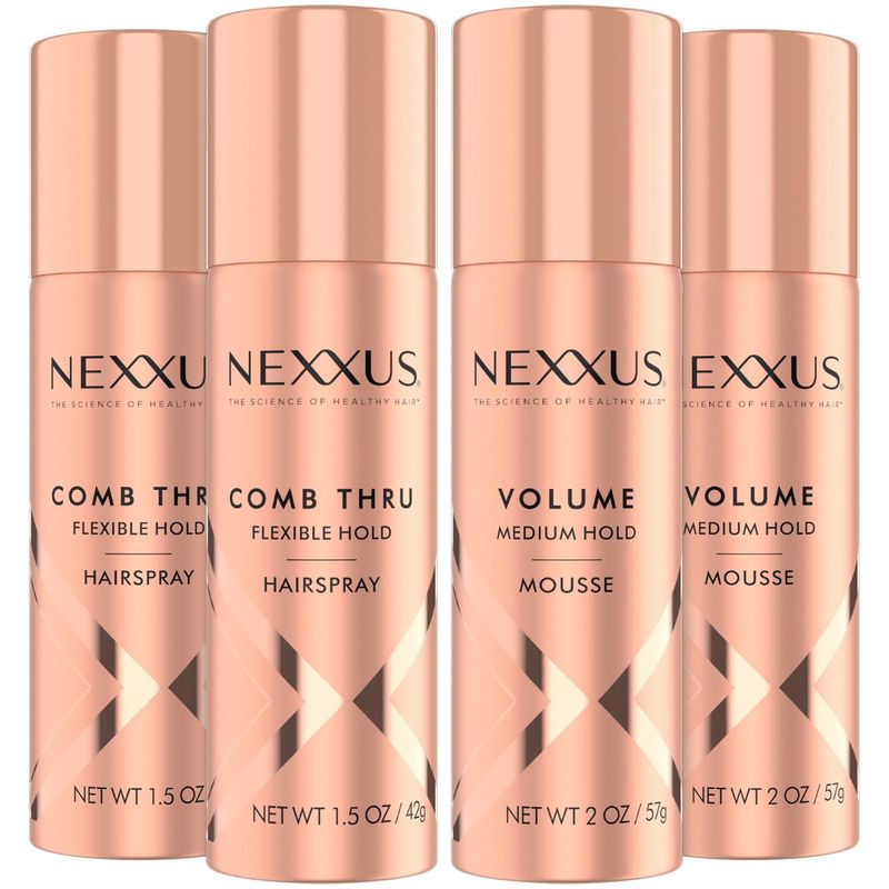 Nexxus Travel Hairspray and Mousse Bundle - Comb Thru Flexible Hold Hairspray (1.5 Oz) 2-Pack Volume Medium Hold Mousse (2 Oz) 2-Pack, Anti-Humidity, Frizz Control, Rose Fragrance
