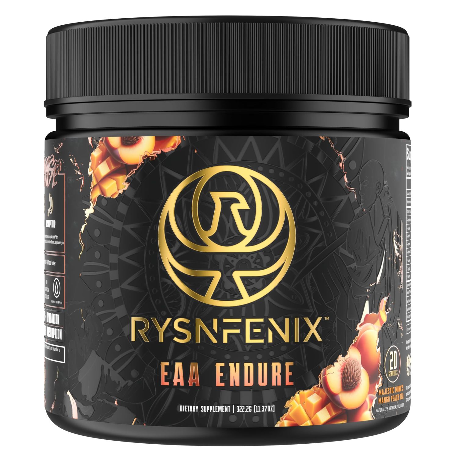 RysnFenix EAA Endure - 11g EAA BCAA with Astragin Black Pepper Extract for Enhanced Amino Acid Absorption Aquamin Electrolytes for Hydration 25 Servings (Sparkling White Peach)