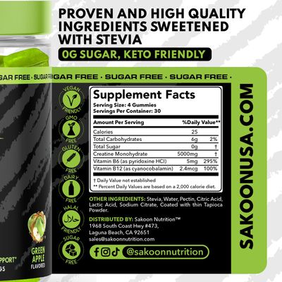 Sakoon nutrition 5000mg Creatine Monohydrate Infused Gummies Increase Strength and Build Muscle, Sugar-Free, Vegan, Apple Flavor, 120 Count