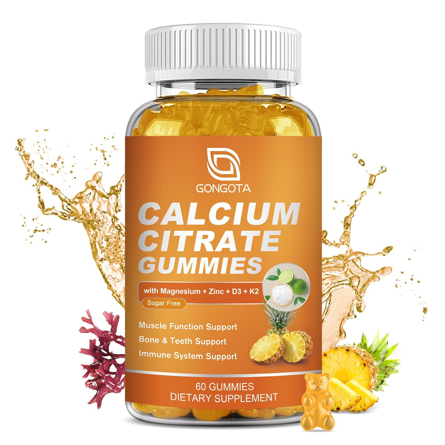 Calcium Citrate Gummies - Calcium 1200 mg with vitamin d3, Magnesium Sea Moss for Bone, Muscle, Joints, Immune Support, Calcium supplements for women Men,Sugar Free, Pineapple Flavor - 60 Chews