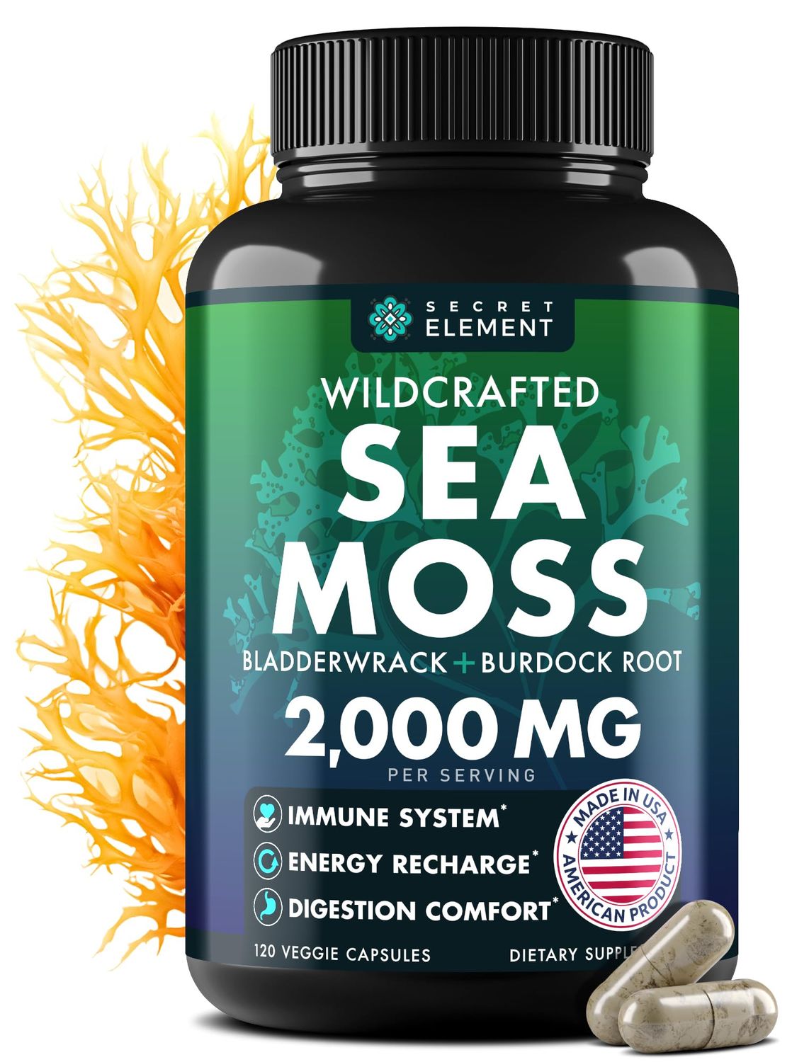 Sea Moss Capsules - Irish Sea Moss Advanced with Burdock Root, Bladderwrack Muira Puama for Immunity, Gut, Energy - Superfood Sea Moss Supplements wRaw Sea Moss Powder - 120 Irish Seamoss Pills