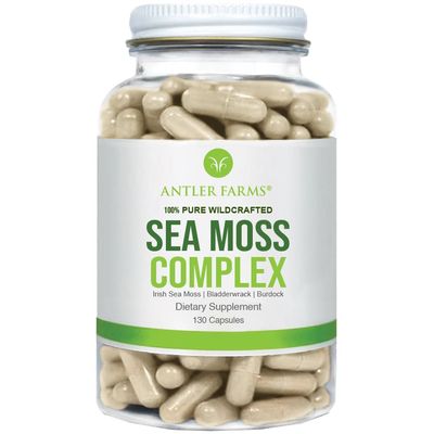 Antler Farms - 100 Pure Sea Moss Complex, 130 Capsules, Wildcrafted Irish Sea Moss, Bladderwrack, and Burdock Root - A Potent Blend for Wellness, Vegan-Friendly, Gluten, Soy, and Dairy Free
