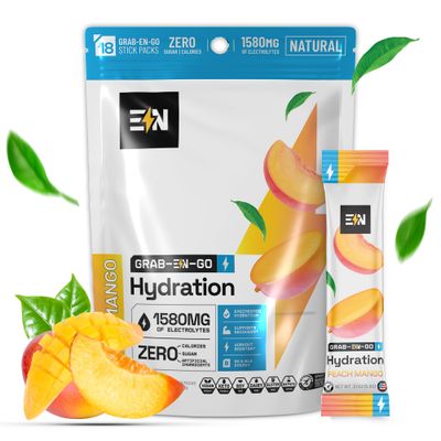EN Engineered Nutrition, Sugar-Free Electrolytes Powder Packets - Keto Electrolytes Hydration Packets, Single-Serving Electrolytes, No Calories, Vegan, Non-GMO, Organic, Gluten-Free, Peach Mango 18 CT
