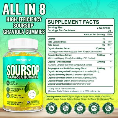 Soursop Graviola Gummies, Max Strength Soursop Leaves Extract with Sea Moss, Turmeric for Cell Support Regeneration, Immunity, Liver and Antioxidant, SugarGluten Free, Vegan - 60 Soursop Gummies