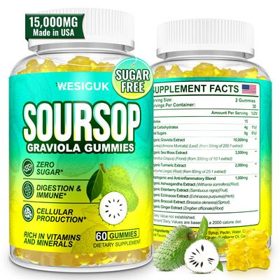 Soursop Graviola Gummies, Max Strength Soursop Leaves Extract with Sea Moss, Turmeric for Cell Support Regeneration, Immunity, Liver and Antioxidant, SugarGluten Free, Vegan - 60 Soursop Gummies