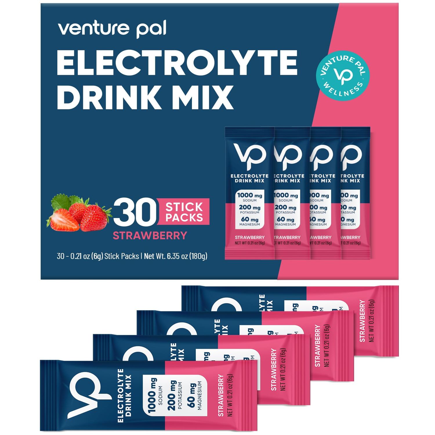 Venture Pal High Sodium Sugar Free Electrolytes Powder Packet - Hydration Packets with Sodium, Potassium Magneisum Zero Calories Vegan Keto Paleo Friendly Electrolyte Drink Mix 30 Stick