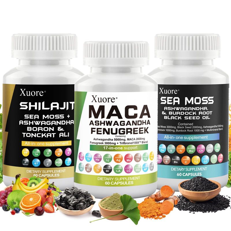 Xuore Sea Moss, Black Seed Oil, Ashwagandha, Ginger, Shilajit, Rhodiola Rosea, Panax Ginseng, Maca Root, Fenugreek, Trifibranol100X,All in 1 Supplements (1 Pack)