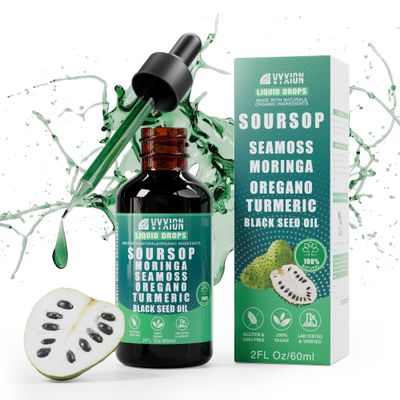 Soursop Bitters Liquid Drops 10 in 1 with Sea Moss, Moringa, Turmeric, Black Seed Oil, Oregano, Ashwagandha Herbal Extracts for Overall Health-Enhancing Vegan, Non-GMO 2 Fl Oz