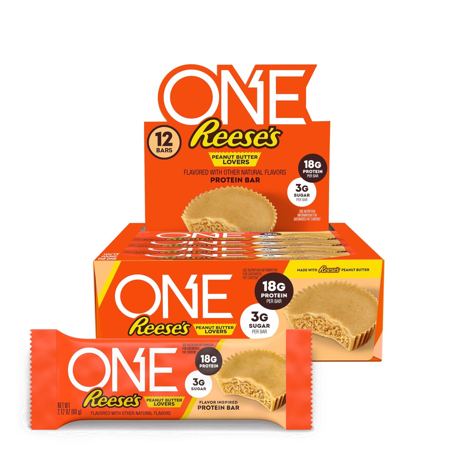 ONE Protein Bars, Reese&#39;s Peanut Butter Lovers, Gluten Free with 18g Protein and 3g Sugar, Pantry Staples, 2.12 oz (12 Count)