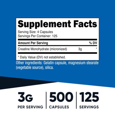 Nutricost Micronized Creatine Monohydrate 3,000mg 500 Capsules, 125 Servings, 750mg of Creatine Monohydrate Per Capsule