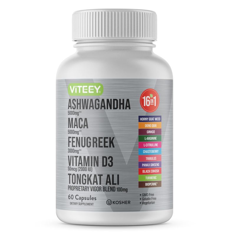 Ashwagandha 5000mg, Black Maca Root 5000mg, Fenugreek 3000mg, Vitamin D3 2,000 IU with Tongkat Ali Proprietary Vigor Blend 100mg - Calm, Relax, Mood Support for Women Men - 60 Capsules