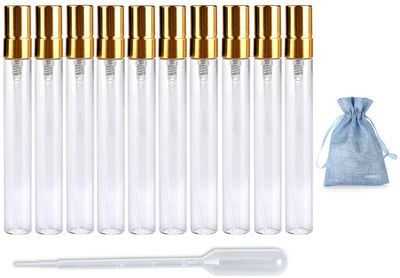 JJKMALL- 10pcs Slim Fine Mist 10ml 13oz Gold Atomizer Clear Glass Bottle Vial Spray Refillable Liquid Fragrance Perfume Empty Scent Bottle Free 3ML Free Pipette for Travel Makeup Party