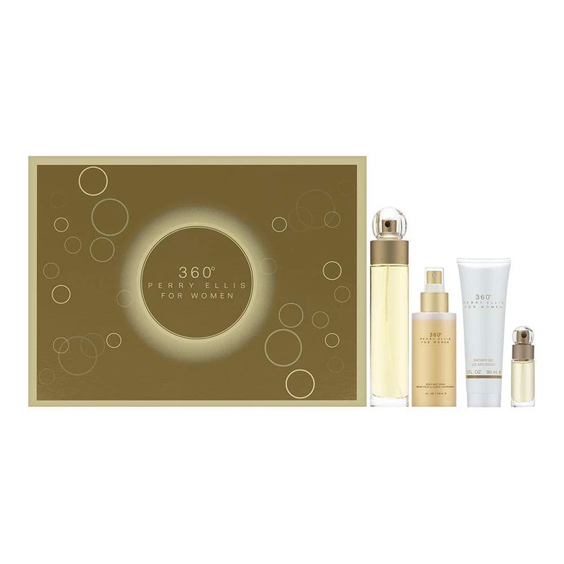 Perry Ellis 360 Women 3.4oz EDT Spray, 4oz Body Mist Spray, 3oz Shower Gel, 0.25oz EDT Spray 4 Pc Gift Set
