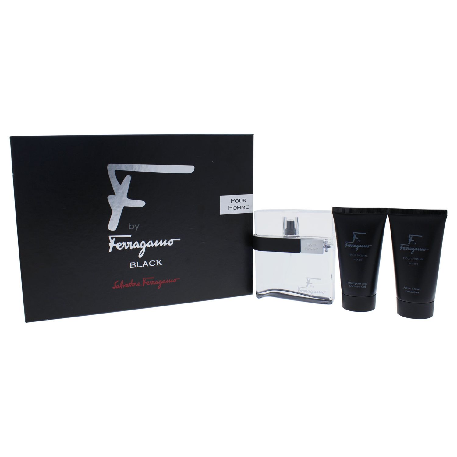 Salvatore Ferragamo F Black Pour Homme 3 Piece Gift Set for Men (3.4 Ounce Eau De Toilette Spray 2.5 Ounce Shower Gel 2.5 Ounce After Shave Balm)