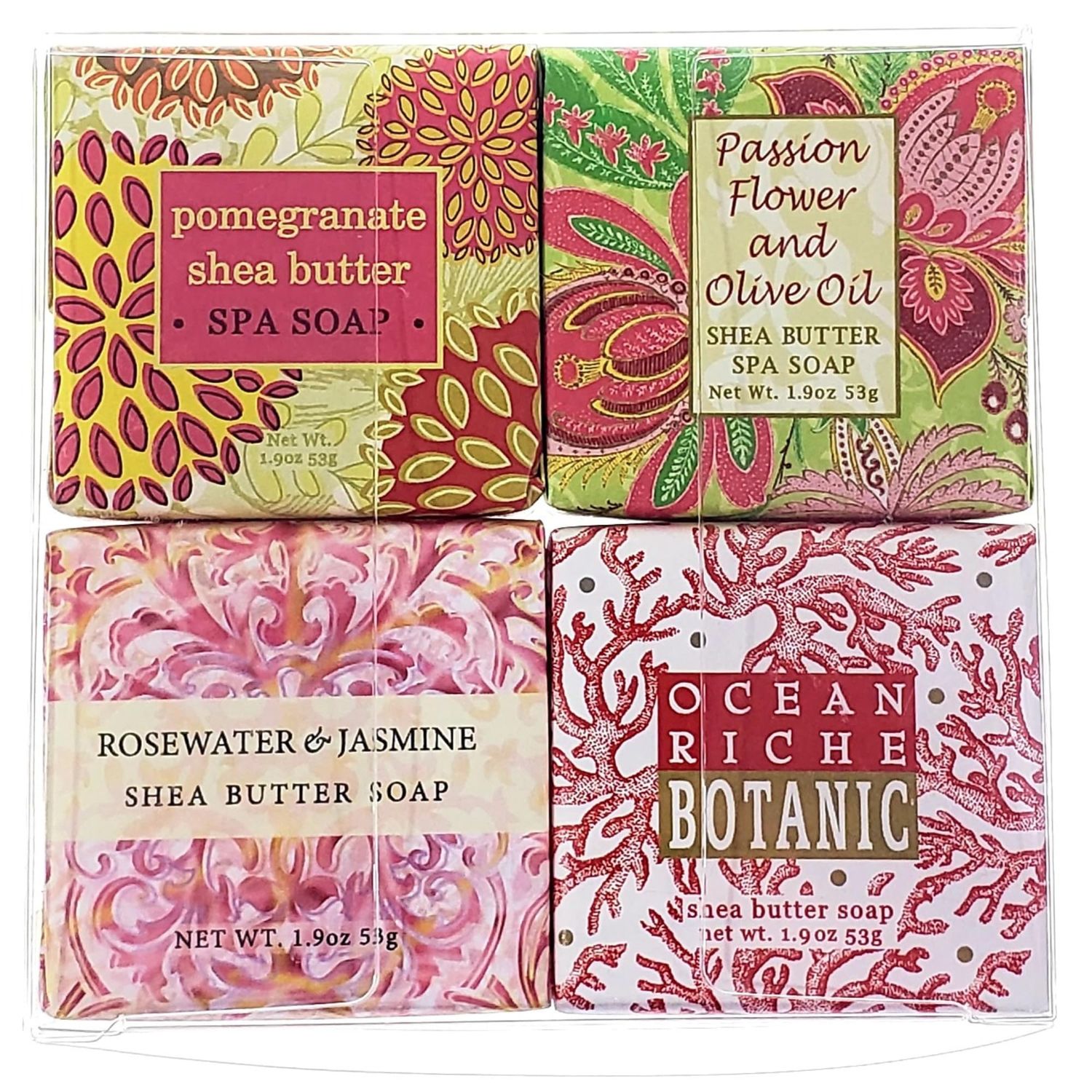 Romance Soap Sampler Gift Set - 4 Bars of Fine French Milled Soap 1.9 oz Bar of Soap with Acetate Box - Shea Butter, Cocoa Butter with Assorted Fragrances - Perfect for Any Romantic Occasion