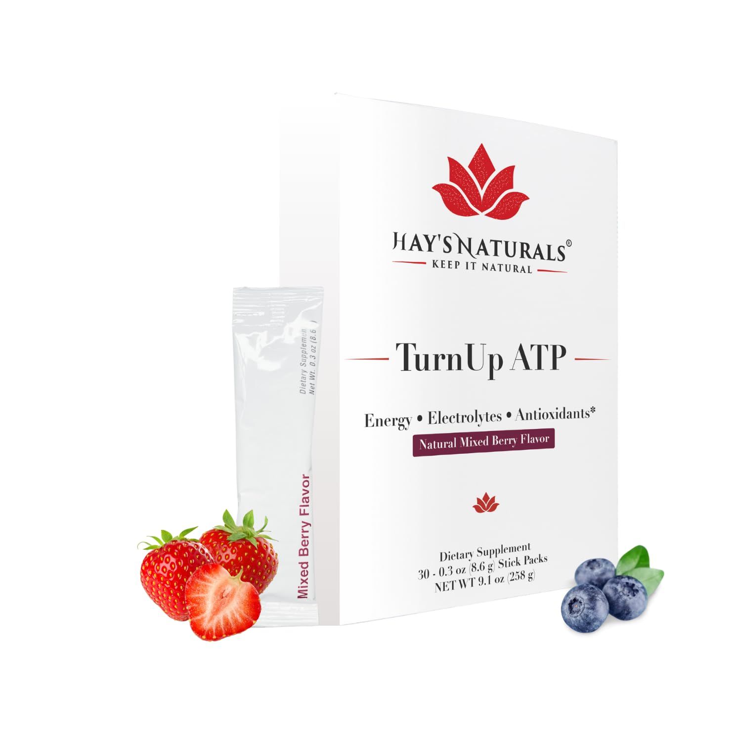 Hay&#39;s Naturals Turn Up ATP - 30 Packets Sugar-Free Energy Drink Mix, Pure ATP, B-Vitamins, Electrolytes Purenergy 5g Carb Muscle Recovery Mixed Berry Flavor