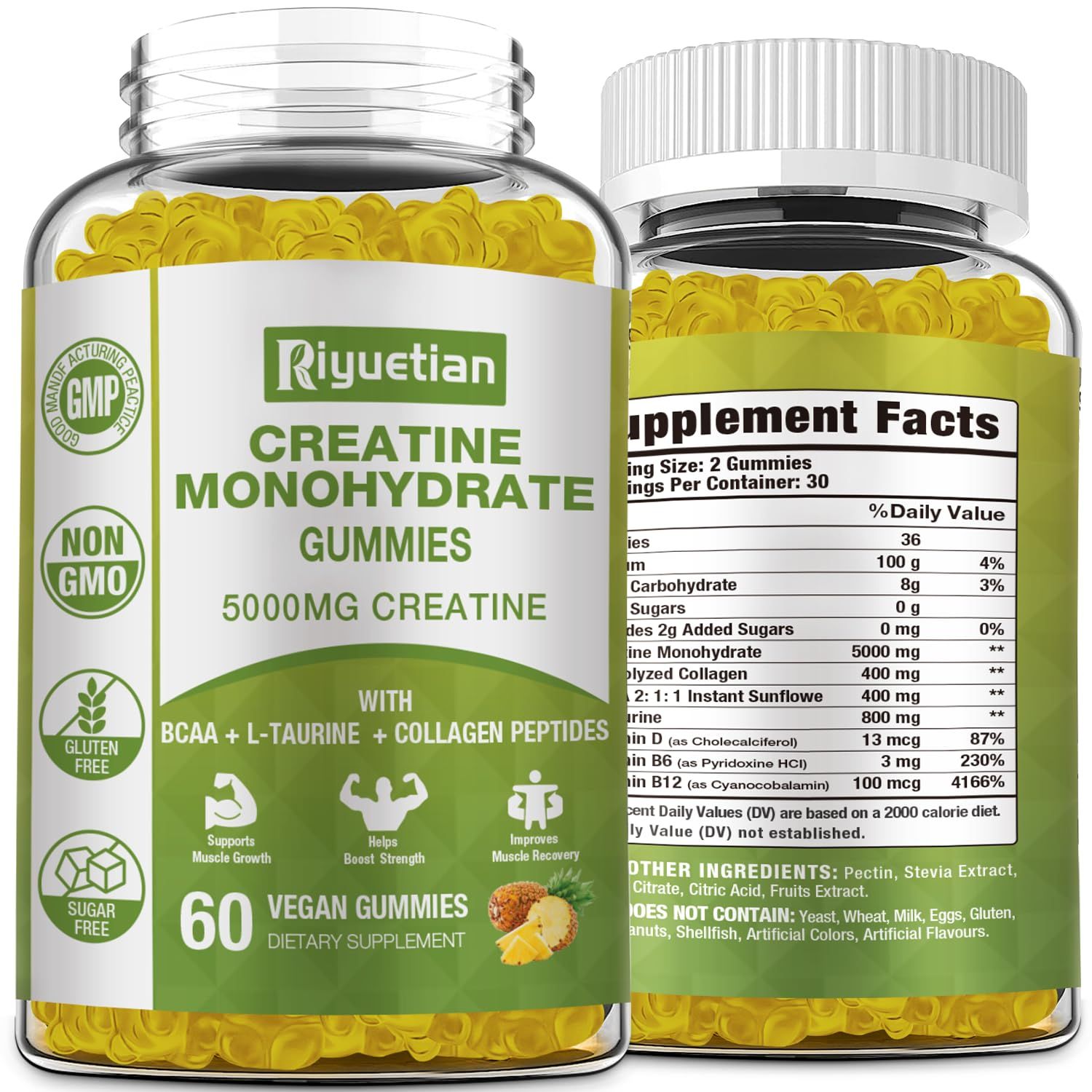 Riyuetian Creatine for Women Men, Sugar-Free Vegan for Muscle Growth, Increase Strength and Build Muscle - 60 Count