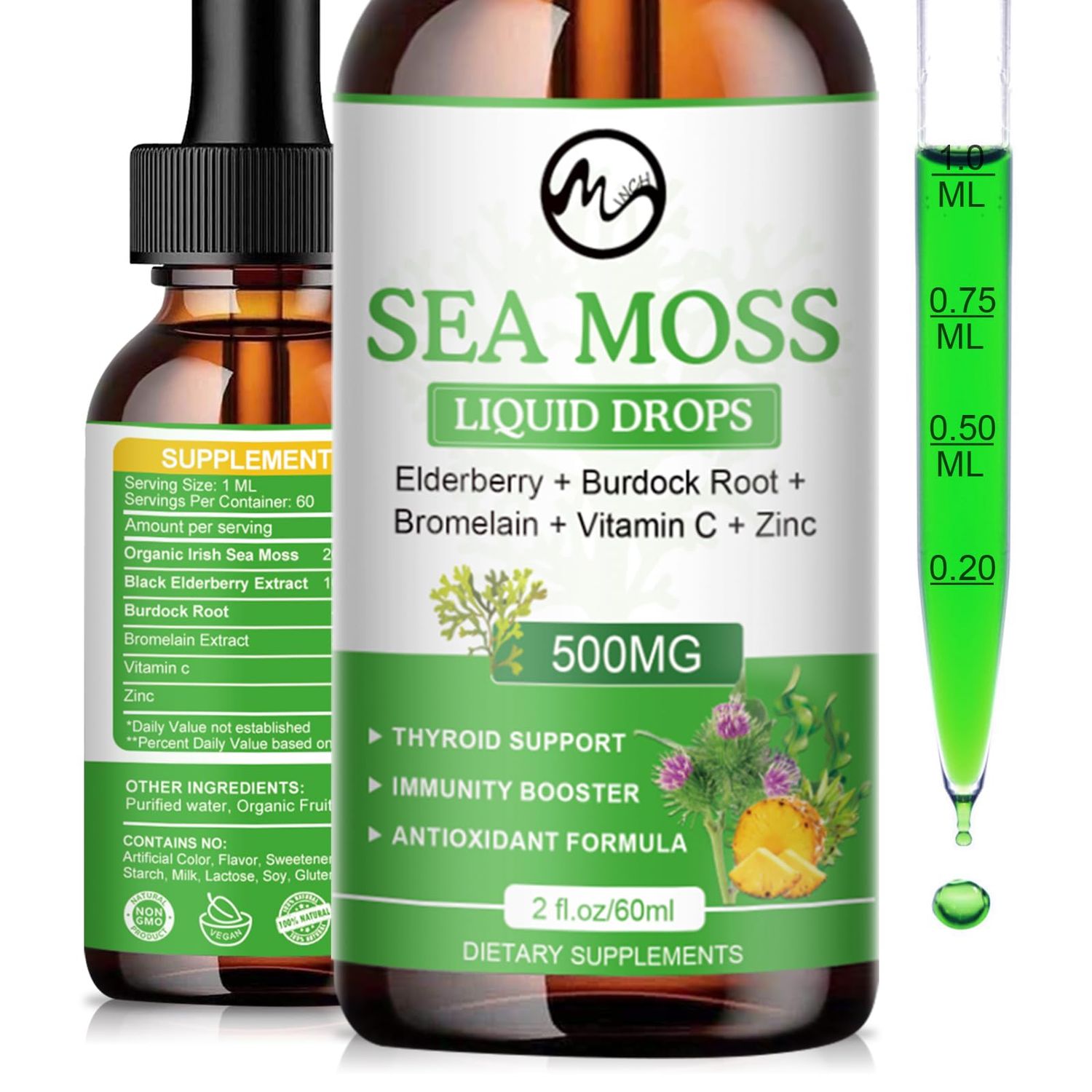 Sea Moss Liquid Drops - Irish Sea Moss with Elderberry, Burdock Root, Bromelain, Vitamin C and Zinc - 98 Essential Minerals Seamoss Supplement for Immune, Joint, Digestion, Aging Support - 2oz