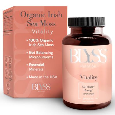 BLYSS Nutrition Organic Irish Sea Moss Capsules with Burdock Root, Bladderwrack and Bioperine Black Pepper - for Energy, Gut Health, Thyroid Anti Aging - Vegan - 60 ct