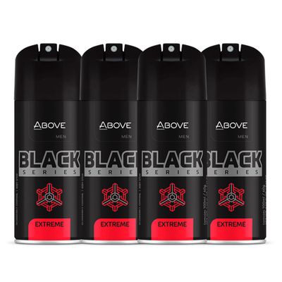 ABOVE Black Series Body Spray, Extreme, 4 pcs - Deodorant Spray - Woody Fragrance - Masks Perspiration Odors - Long-Lasting Dry Spray - Cruelty-Free