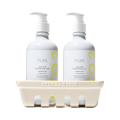 Beekman 1802 Hand Wash Lotion Ceramic Caddy Set, Pure - Fragrance Free - 12.5 oz Each - Cleanses Hydrates Dry Hands - With Goat Milk - Good for Sensitive Skin - Cruelty Free - Packaging May Vary