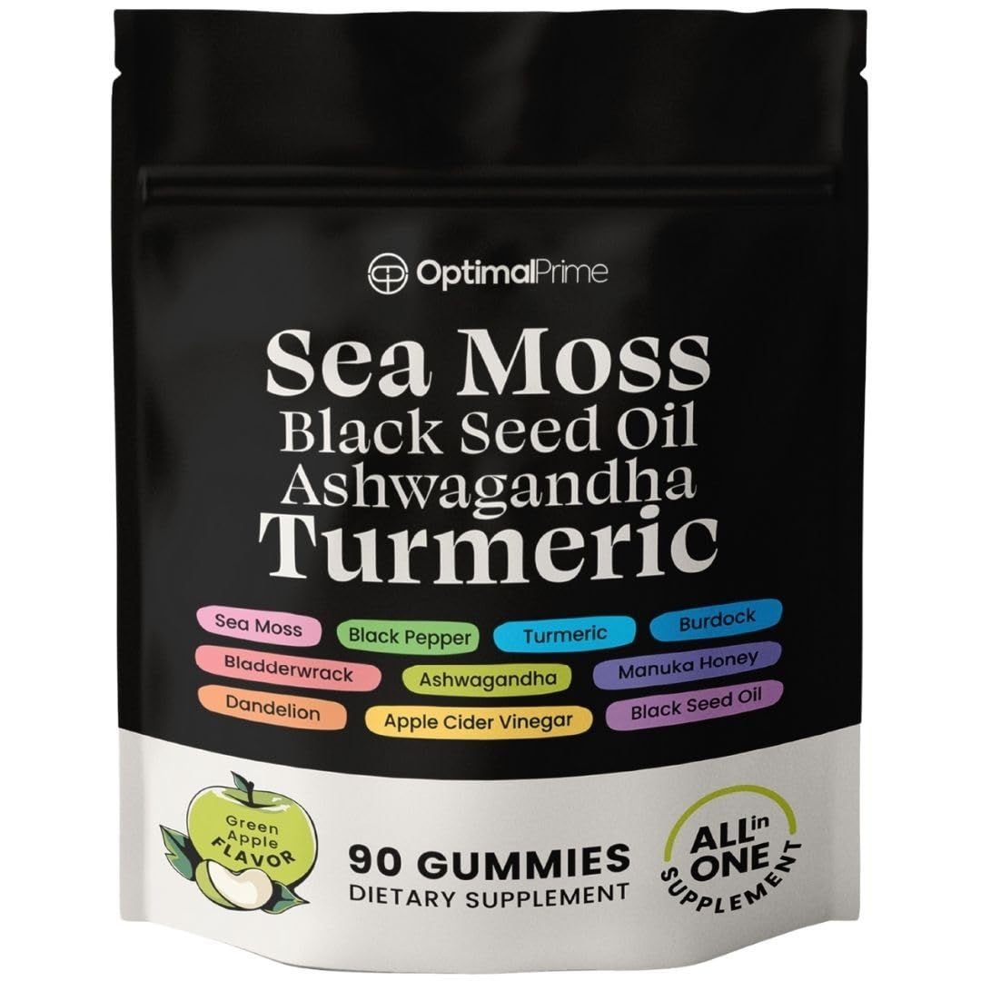 Optimal Prime Sea Moss Gummies, Sea Moss, Black Seed, Ashwagandha, Turmeric, Manuka Honey, ACV, Dandelion, Black Pepper, Burdock, Bladderwrack, Vegan, 90 Gummies