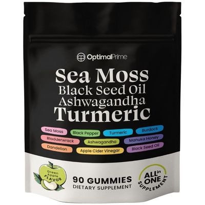 Optimal Prime Sea Moss Gummies, Sea Moss, Black Seed, Ashwagandha, Turmeric, Manuka Honey, ACV, Dandelion, Black Pepper, Burdock, Bladderwrack, Vegan, 90 Gummies