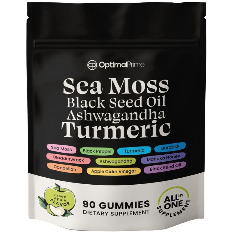 Optimal Prime Sea Moss Gummies, Sea Moss, Black Seed, Ashwagandha, Turmeric, Manuka Honey, ACV, Dandelion, Black Pepper, Burdock, Bladderwrack, Vegan, 90 Gummies