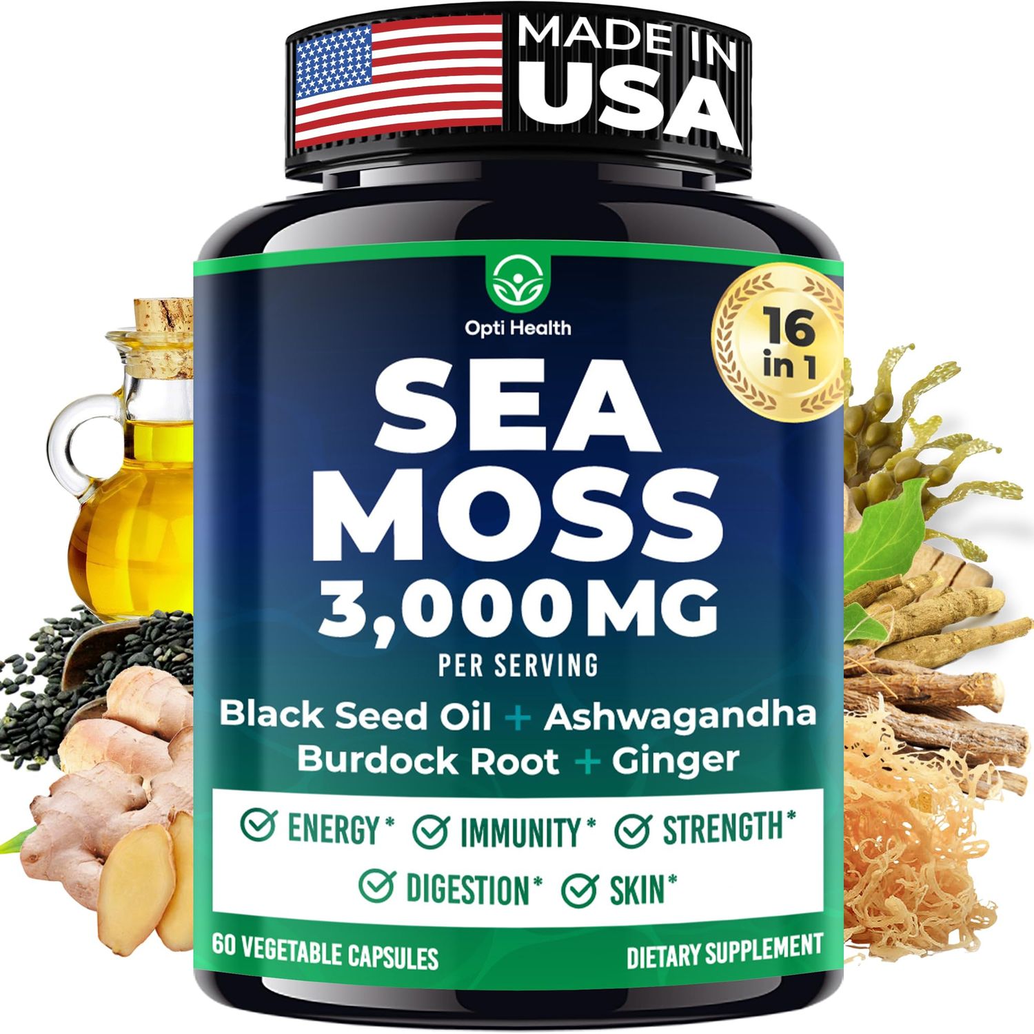 Sea Moss Black Seed Oil Ashwagandha Ginger - Advanced Irish Sea Moss Capsules All in One Supplement with Seamoss Black Seed Oil Ashwagandha Burdock Root Bladderwrack - Pills for Energy, Immune, Gut