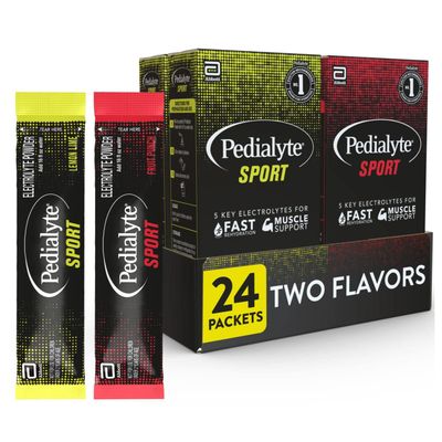 Pedialyte Sport Electrolyte Powder, Fast Hydration with 5 Key Electrolytes for Muscle Support Before, During, After Exercise, 12 Lemon Lime 12 Fruit Punch, 0.49-oz Packets (24 Count)