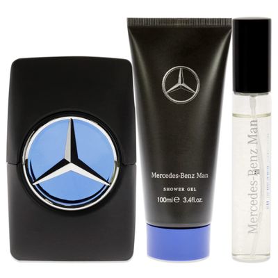 Mercedes-Benz Man Gift Set Perfumes for Men - Contains 0.5 oz and 3.4 oz of EDP Spray and 3.4 oz of Shower Gel - Aromatic Woody Fruity Scents - Opens with Notes of Ambrette Seeds and Pear - 3 pc