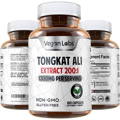 Vegan Labs Tongkat Ali 2001 Extract, 1200MG Per Servings- 180 Vegan Capsules- Supports Energy and Stamina- Gluten Free, Non-GMO Premium Quality Supplement