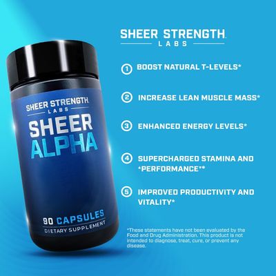 Sheer Strength Labs T-Booster for Men - Clinically Backed Dose, Strongest Formula - Made in USA - Premium Blend of Fadogia Agrestis Tongkat Ali and Shilajit. 30 Servings