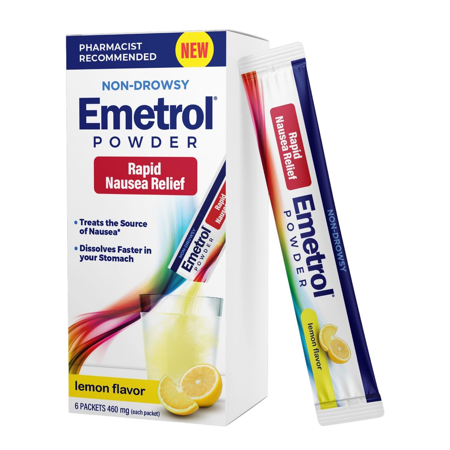 Emetrol Non-Drowsy Nausea Relief Powder Mix - Electrolyte Drink Mix for Rapid Upset Stomach Nausea Relief, Morning Recovery Hydration - Lemon Flavor - 6 Packets