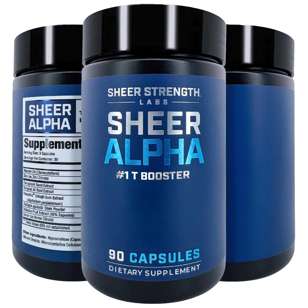 Sheer Strength Labs T-Booster for Men - Clinically Backed Dose, Strongest Formula - Made in USA - Premium Blend of Fadogia Agrestis Tongkat Ali and Shilajit. 30 Servings