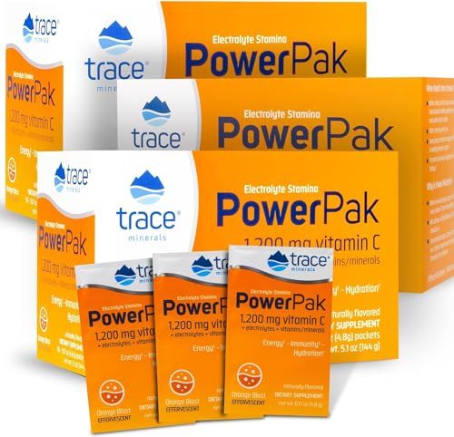 Trace Minerals Power Pak Electrolyte Powder Packets 1200 mg Vitamin C, Zinc, Magnesium Boost Immunity, Hydration and Natural Energy Orange Blast 90 Packets